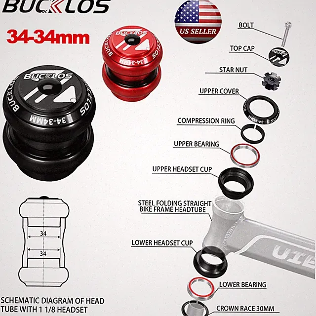 34mm 1-1/8" Threadless MTB Road Bike Bicycle Sealed External Bearing Headset Set